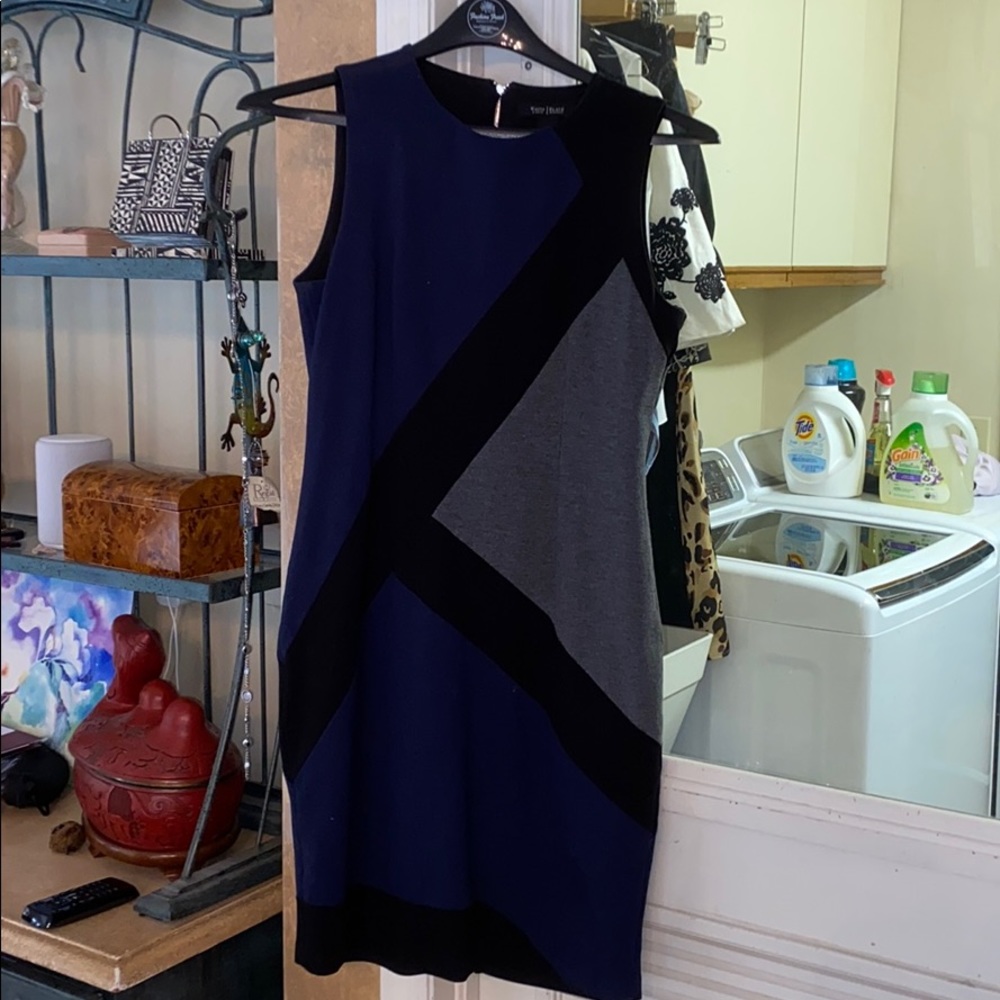 Color block dress in black, grey & navy